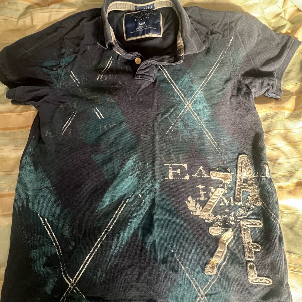 American Eagle Outfitters Dark Blue Polo with Graphic Design